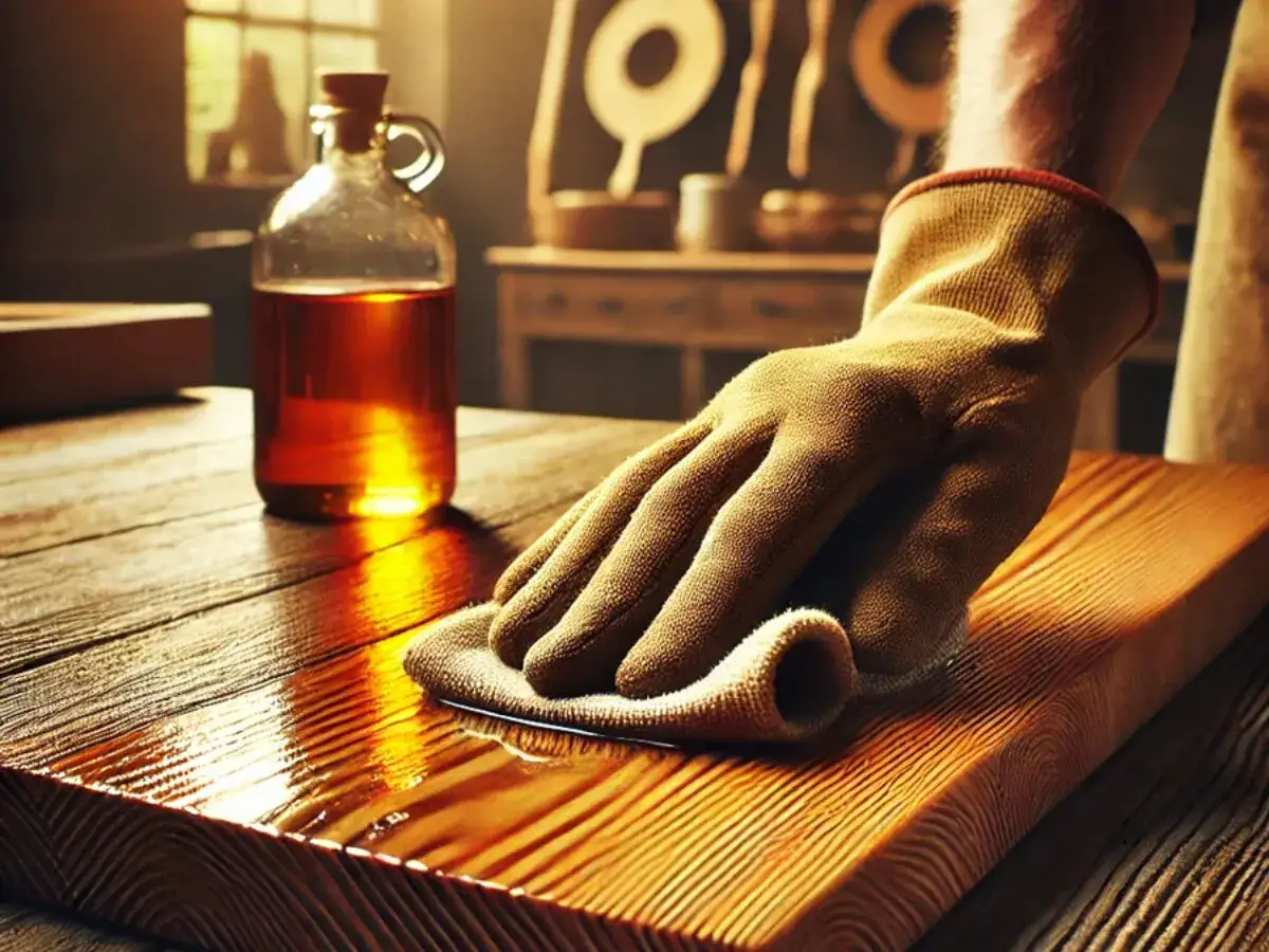 Application d'huile de lin sur du bois. Attention, l'huile de lin peut pr&eacute;senter un danger d'auto-inflammation si mal stock&eacute;e.