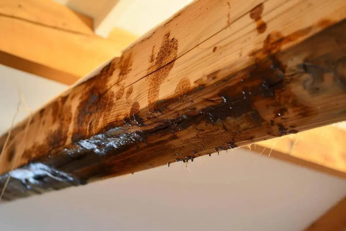 Gouttes sombres suintent d'une poutre en bois, sugg&eacute;rant un besoin urgent de nettoyer les poutres poussi&eacute;reuses et de traiter l'humidit&eacute;.
