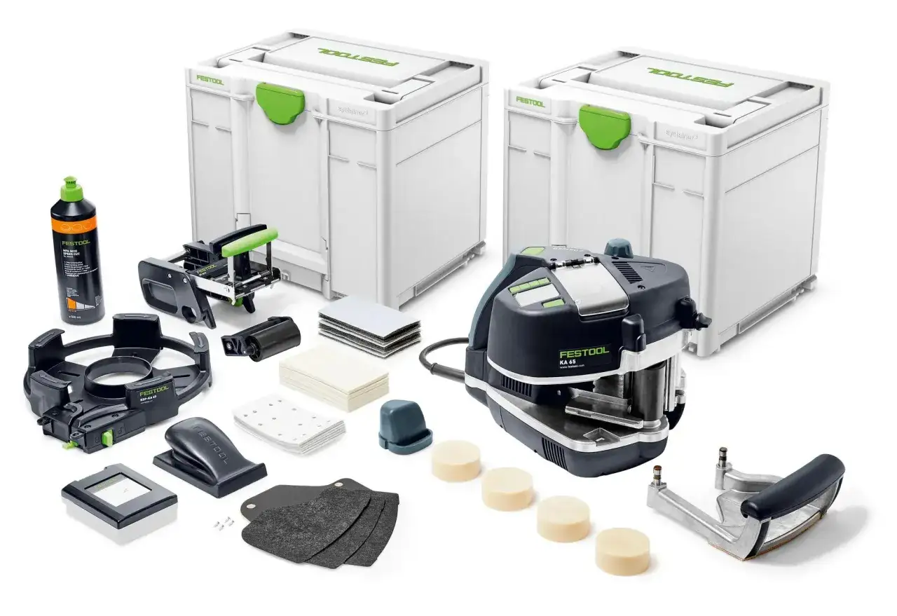 Ensemble d'outils Festool, incluant deux Systainers, une fraiseuse KA 65, et divers accessoires pour le travail du bois. Le kit mfk 700 est pr&ecirc;t pour des finitions parfaites.
