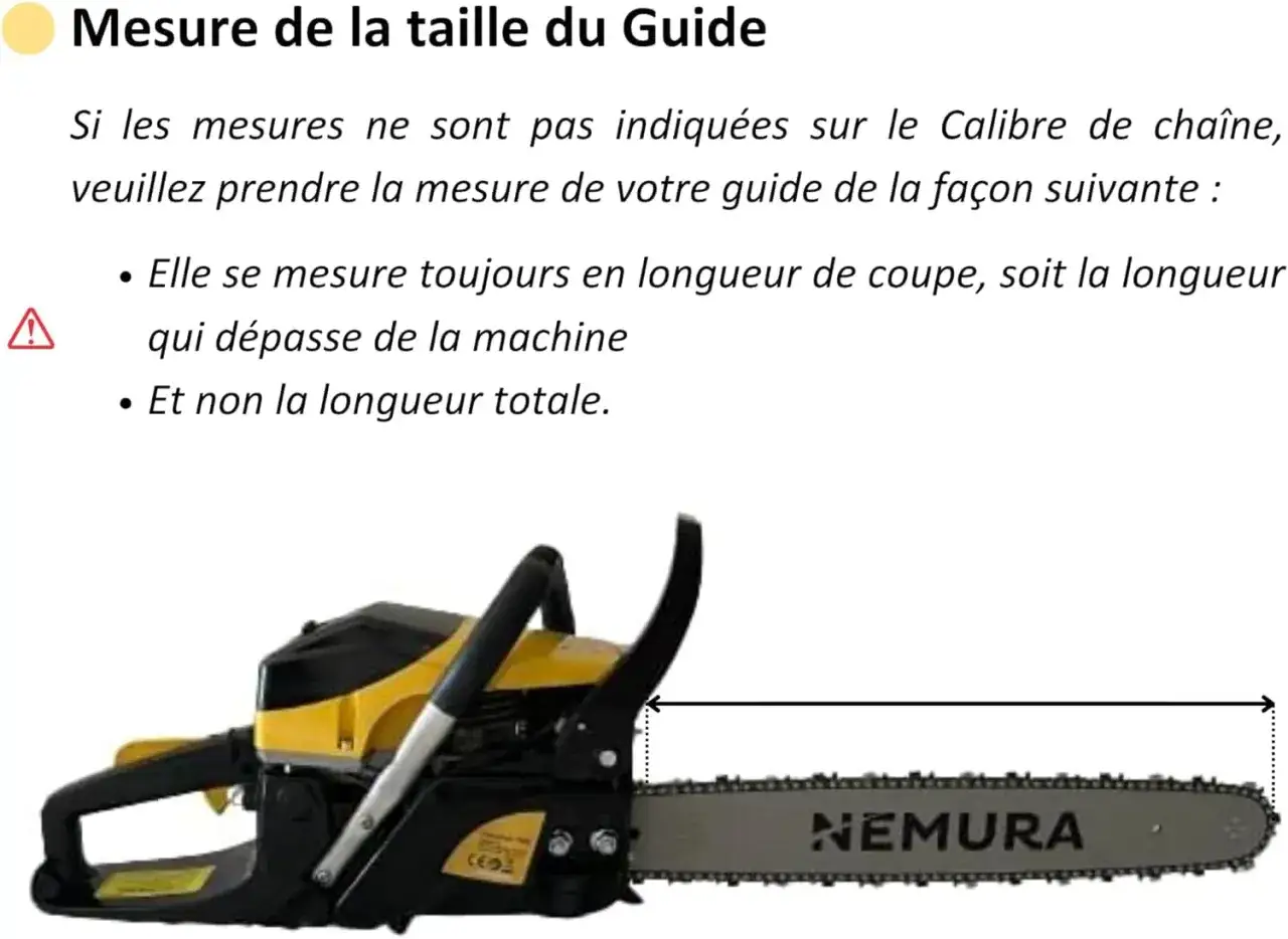 Comment choisir une tronçonneuse thermique : mesurez la longueur de coupe de votre guide, pas la longueur totale. Image d'une tronçonneuse thermique.