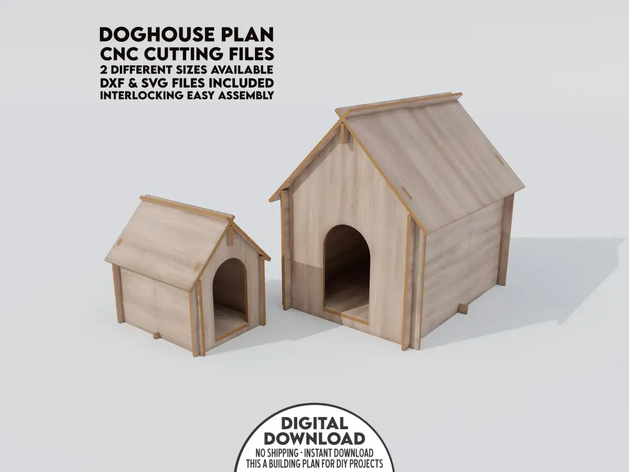 Plans pour fabriquer une niche pour chien en bois, deux tailles disponibles, fichiers DXF/SVG inclus pour un assemblage facile.