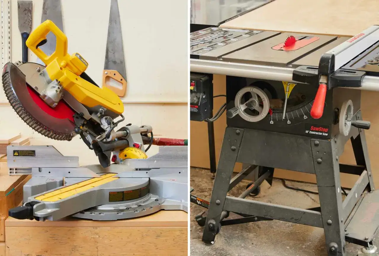 Comparaison : scie circulaire (table saw) et scie à onglet (miter saw). Outils de menuiserie pour des coupes précises.