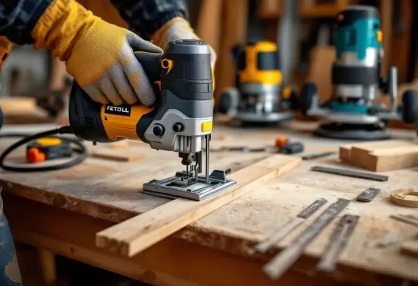 Mains gantées pilotant une scie sauteuse pour une coupe de travers sur une planche de bois. Outils de menuiserie en arrière-plan.