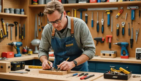 Un homme concentré dans son **atelier bricolage**, entouré d'outils, assemble des pièces sur un établi en bois.