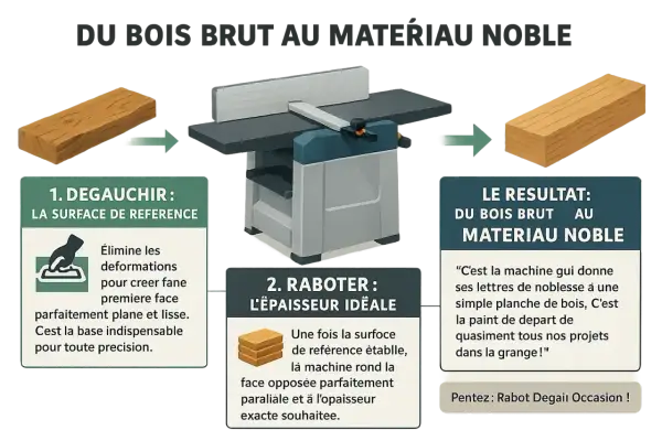 Illustration du processus de transformation du bois brut en matériau noble grâce à une dégauchisseuse raboteuse. Pensez : Rabot Dégau occasion !