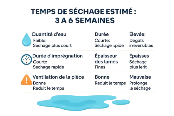 Tableau estimant le temps de séchage d'un parquet stratifié après dégât des eaux : 3 à 6 semaines. Facteurs influençant : quantité d'eau, durée d'imprégnation, épaisseur des lames, ventilation.