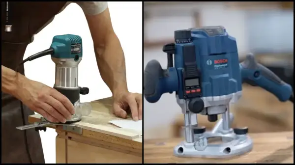 Un artisan utilise une défonceuse pour fabriquer un guide précis. Une autre défonceuse Bosch est montrée.