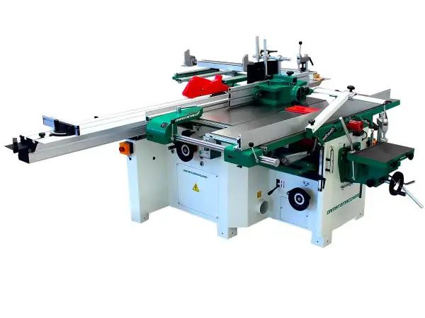 Machine à bois professionnelle, combinant scie circulaire, dégauchisseuse et toupie pour des travaux de menuiserie précis.