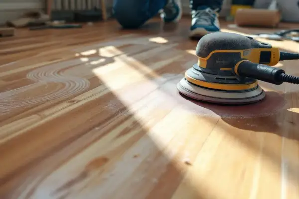 Une ponceuse orbitale en action sur un parquet en bois, laissant des traces de poussière. Apprenez comment poncer du bois avec ponceuse pour un résultat impeccable.