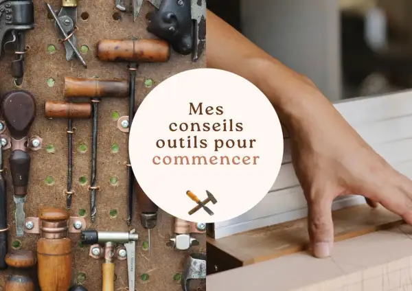 Collection d'un vieil outil ébéniste sur un panneau perforé, avec une main travaillant le bois. Conseils pour débuter.