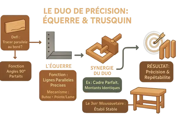 L'équerre d'ébéniste, outil de précision, permet de tracer des lignes parallèles et des angles parfaits pour des montants identiques.