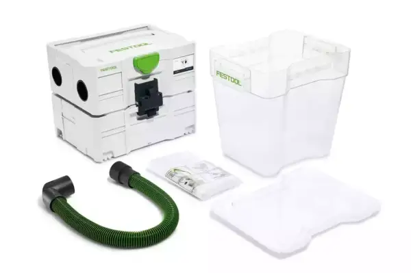 Ensemble pour un atelier propre : le filtre cyclonique Festool, son réservoir transparent, un tuyau vert et une notice.