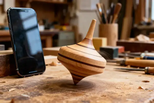 Une toupie en bois tourne sur un établi, à côté d'un smartphone. Un artisan a créé cette machine toupie.