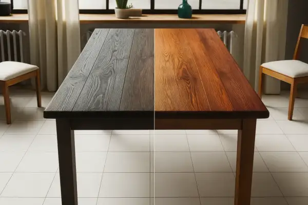 Tableau divisé en deux : d'un côté, le bois est sombre et vieilli, de l'autre, il est clair et lumineux. Un avant-après pour éclaircir le bois.