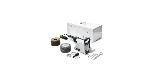 Ensemble d'outils Festool pour le décapage et le nettoyage, incluant une machine, des brosses, des clés et une boîte de rangement. Idéal pour le rustofix.