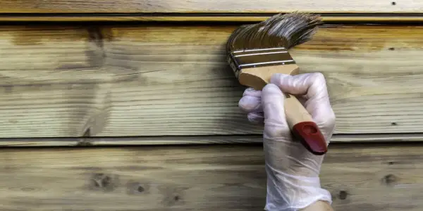 Maintenant, peut on mettre de la lasure sur de la peinture ? Un pinceau applique une lasure foncée sur un bardage en bois clair.