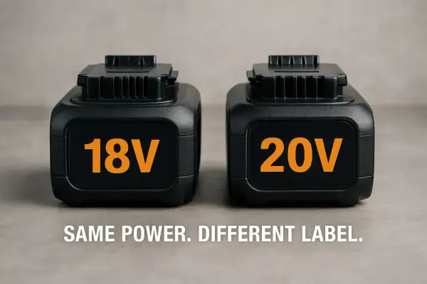 Deux batteries, 18V et 20V, côte à côte. La question : peut on charger une batterie 18v avec un chargeur 20v ? Même puissance, étiquette différente.