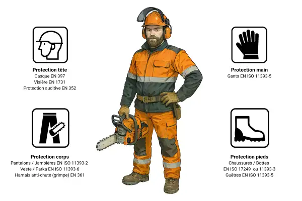 Un bûcheron en tenue de travail orange et grise, tenant une tronçonneuse. Autour, des icônes illustrent l'équipement de protection individuelle (EPI) : tête, mains, corps, pieds.