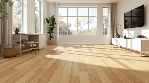 Parquet clair et lumineux, idéal pour un salon moderne. Le vitrification parquet prix m2 est un investissement pour la beauté et la durabilité.