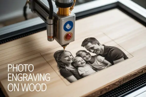 Une machine grave une photo de famille sur du bois, montrant comment graver sur du bois pour un souvenir unique.