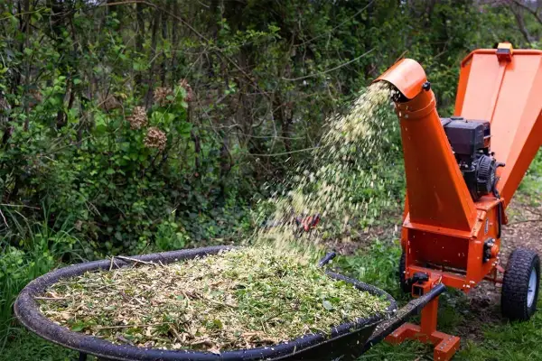 Une machine à faire des copeaux de bois orange projette des débris végétaux dans une brouette remplie de copeaux.