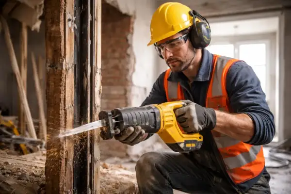 Un ouvrier utilise une scie sabre pour démolir une structure en bois. Cet outil est parfait pour ce genre de travaux.