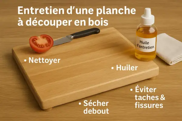Planche à découper en bois huilé, avec une tomate coupée, un couteau, une bouteille d'huile et un chiffon. Conseils : nettoyer, huiler, sécher debout, éviter taches et fissures.