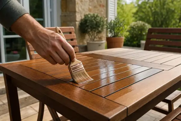 Application de vernis marin sur une table de jardin en bois pour assurer sa durée de vie.