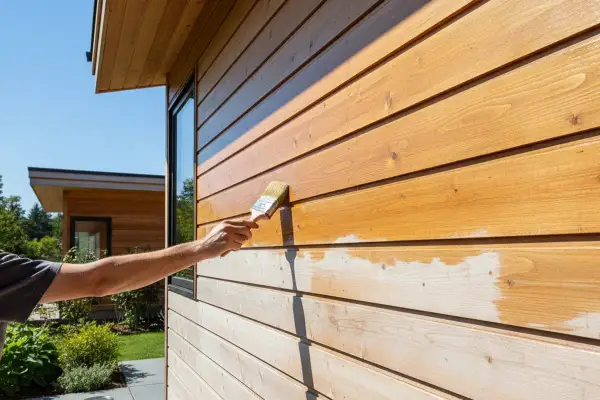 Application d'une lasure sur un bardage en bois. La lasure protège et embellit le bois, lui donnant une teinte chaude et naturelle.