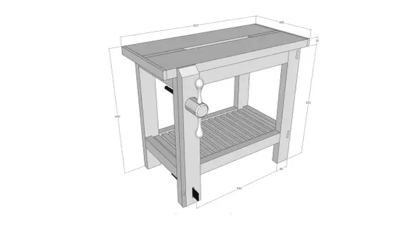 Plan pour faire un établi en bois, avec étau intégré et étagère. Dimensions indiquées.