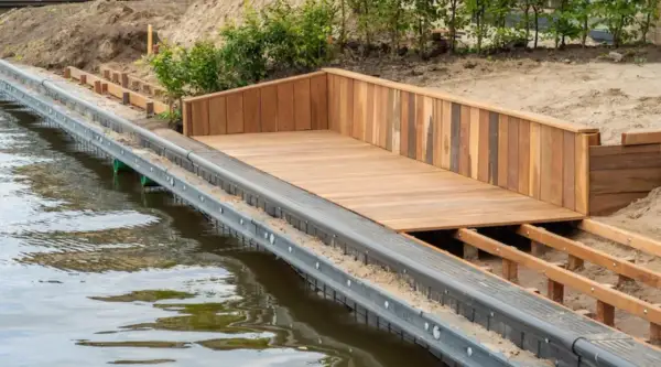 Une nouvelle rampe en bois qui travaille, prête pour les bateaux.