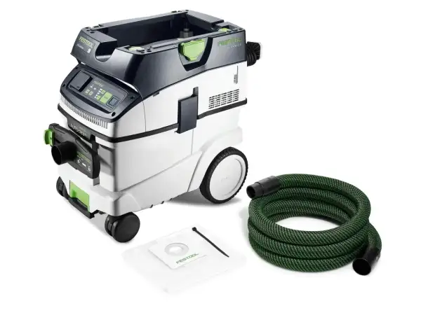 Aspirateur Festool CT VA 20 avec tuyau vert et sac filtrant. Idéal pour un atelier propre.