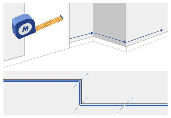Illustration d'un mètre ruban et de plinthes dans un coin, avec des flèches indiquant les mesures.