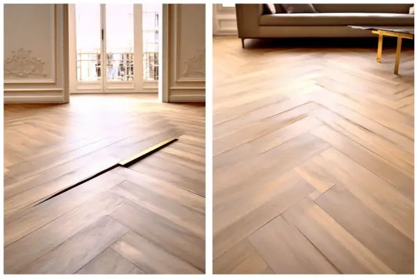 Un beau parquet en chevrons montre des signes de dilatation, le parquet qui gondole créant une fissure visible.