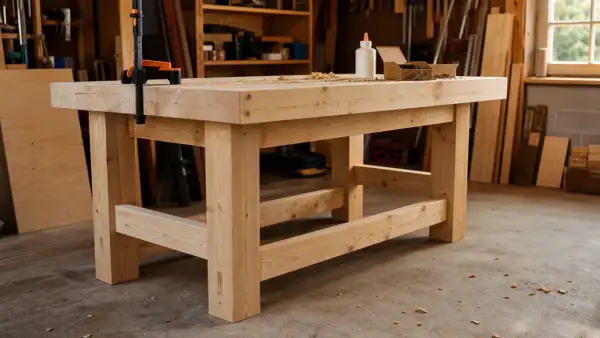 Un établi de menuisier en bois massif, prêt pour le travail. Le plan établi menuisier est visible sur le dessus, avec des vis et de la colle.