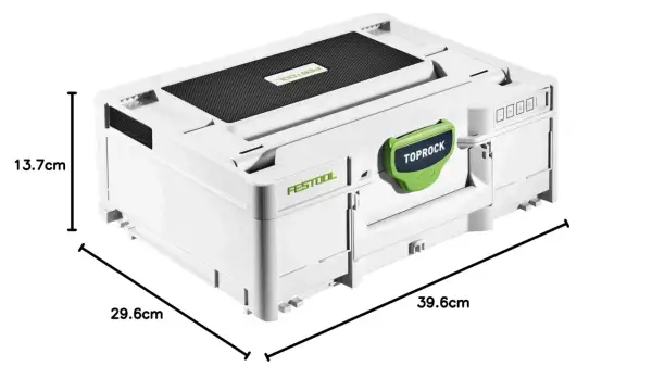 Boîtier blanc Festool avec poignée verte "TOPROCK". Ce **radio de chantier Festool** est compact et robuste, idéal pour les professionnels.