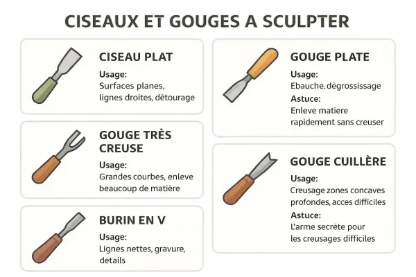 Illustration de différents types de gouge à bois : plate, très creuse, cuillère et burin en V, pour la sculpture.