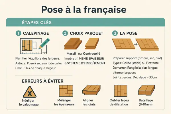 Guide pour la pose de parquet à la française : étapes, choix du bois (massif ou contrecollé, même épaisseur parquet massif), pose et erreurs à éviter.