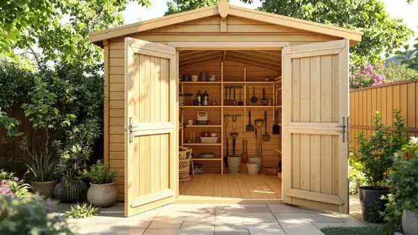 Abri de jardin en bois bien rangé, outils et pots. Faut-il lasurer l'intérieur d'un abri de jardin pour le protéger ?