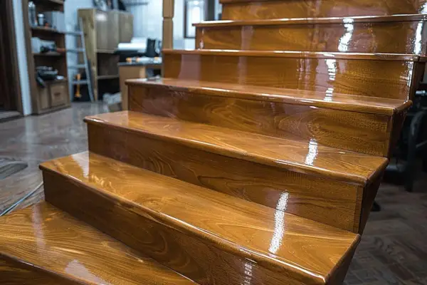 Escalier en bois neuf, dont les marches brillent après un vitrifier. La finition met en valeur le grain du bois.