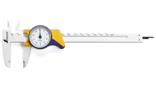 Pied à coulisse à cadran blanc et jaune, montrant les différents types de mesure de précision.