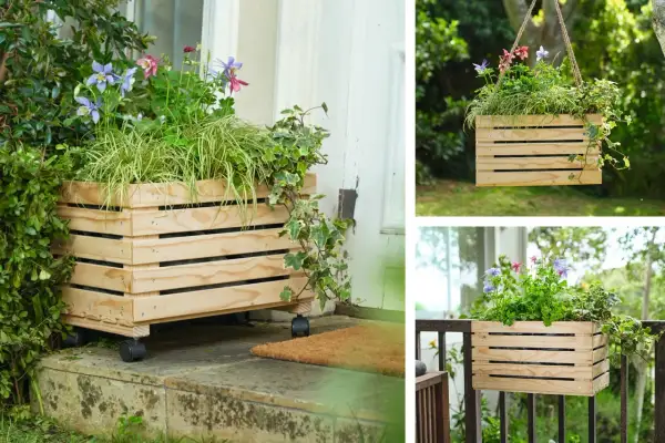 Jolis bacs à fleurs en bois, parfaits pour une décoration de jardin à fabriquer soi-même. Ils sont présentés sur roulettes, suspendus et sur une balustrade.