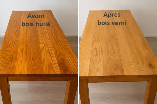 Comparaison d'un bois huilé à gauche et d'un bois verni à droite. La question "peut on vernir après huile de lin" trouve ici une réponse visuelle.