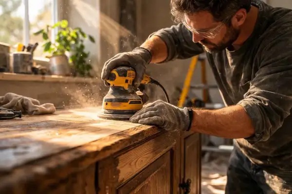 Un artisan utilise une ponceuse pour préparer un meuble en bois avant de le peindre. La poussière vole autour de l'outil.