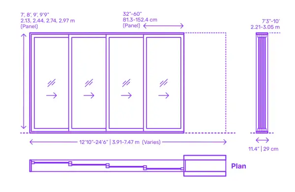 Diagramme montrant la taille porte coulissante, avec des dimensions pour les panneaux et l'ensemble.