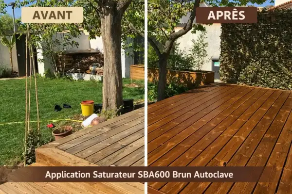Avant/Après : terrasse en bois vieillie puis rénovée avec saturateur brun. Le temps entre 2 couches de saturateur est crucial pour un résultat optimal.
