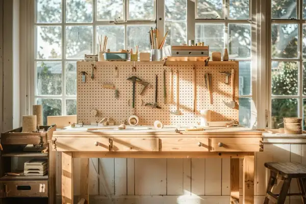 Un établi en bois baigné de lumière, prêt pour apprendre comment travailler le bois. Outils, pièces de bois et fournitures organisés.