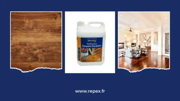 Image montre un parquet, un bidon de vitrificateur et un salon. Une vitrification parquet ratée peut arriver, mais ce produit promet un résultat professionnel.
