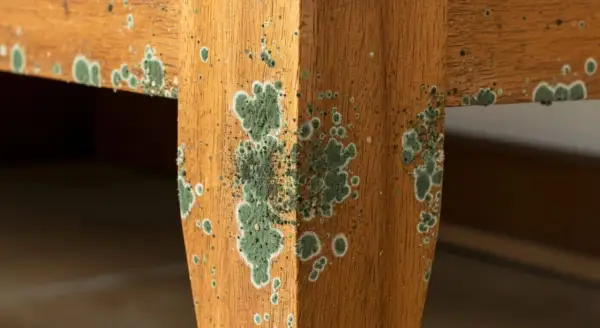 Moisissure verte et blanche envahit un meuble en bois, signe d'une humidité excessive.