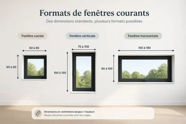 Comparaison de formats de fenêtres courants : carrée (60-90 cm), verticale (70-100 cm x 100-150 cm) et horizontale (100-180 cm x 60-100 cm).